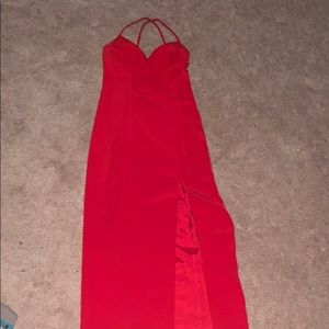 Red prom dress with leg slit